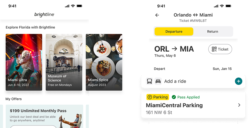 Two screens from the Brightline App showing features that enable users to explore their destination, book a ride from the station, or add a parking pass.