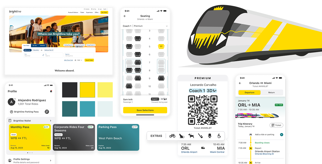 A collection of screens and graphic elements from Brightline's digital products, showing Brightline's design system. 